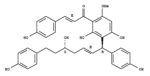 2-Propen-1-one,1-[2,4-dihydroxy-3-[(1R,2E,5S)-5-hydroxy-1,7-bis(4-hydroxyphenyl)-2-hepten-1-yl]-6-methoxyphenyl]-3-(4-hydroxyphenyl)-,(2E)- molecular structure