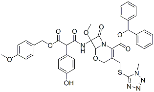 benzhydryl 7-[[2-(4-hydroxyphenyl)-3-(4-methoxybenzyloxy)-3-oxopropionyl]amino]-7-methoxy-3-[[(1-methyl-1H-tetrazol-5-yl)thio]methyl]-8-oxo-5-oxa-1-azabicyclo[4.2.0]oct-2-ene-2-carboxylate molecular structure