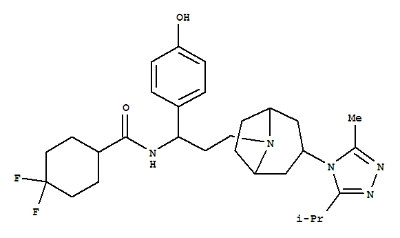 4,4-Difluoro-N-[(1S)-1-(4-hydroxyphenyl)-3-[(3-exo)-3-[3-methyl-5-(1-methylethyl)-4H-1,2,4-triazol-4-yl]-8-azabicyclo[3.2.1]oct-8-yl]propyl]-cyclohexanecarboxamide molecular structure